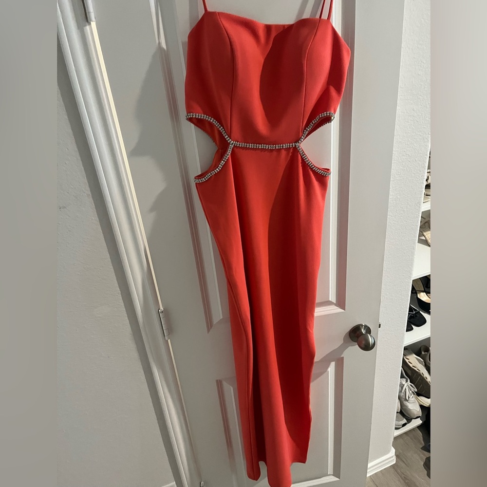 Elegant Coral Rhinestone-Embellished Midi Dress